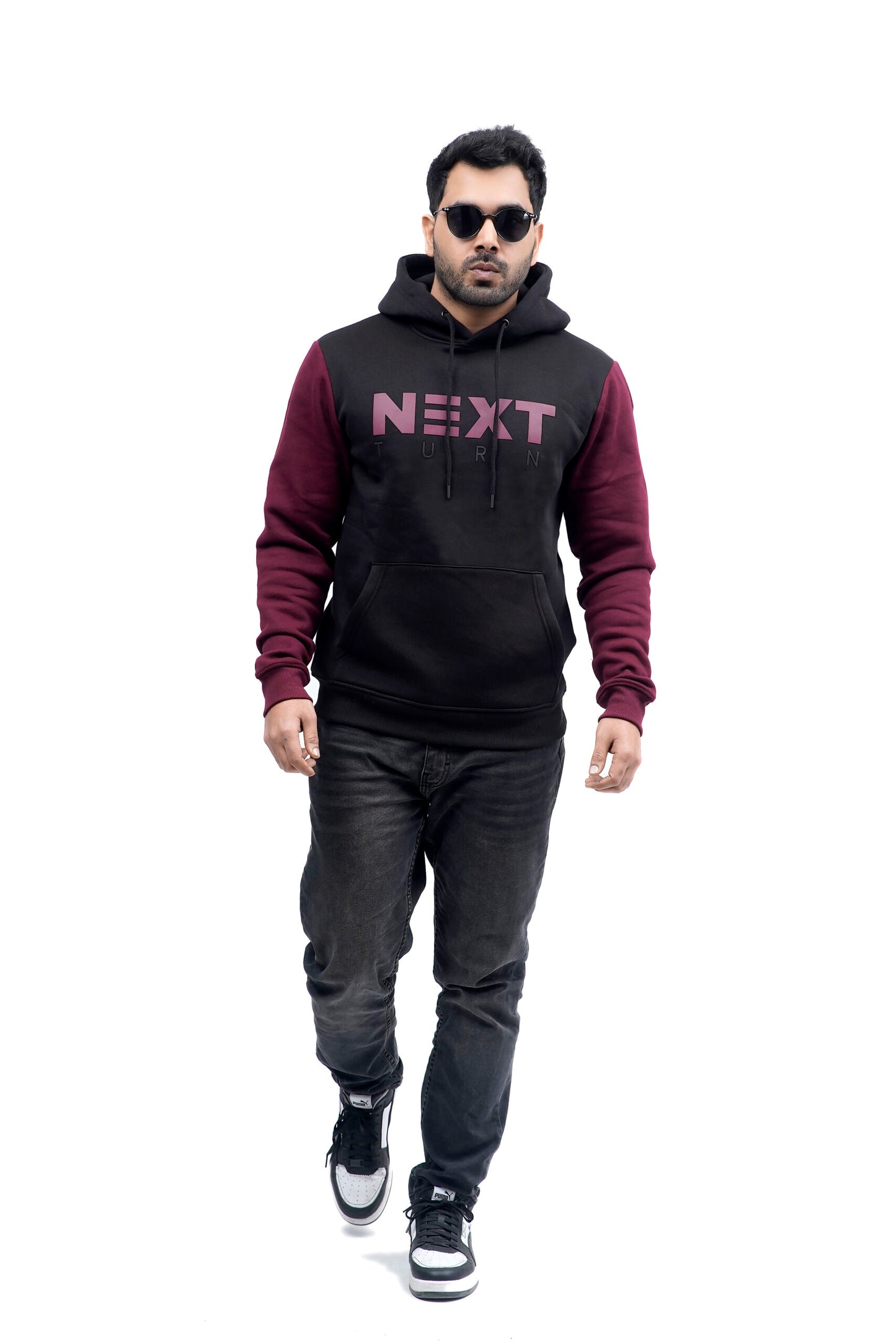 NEXT TURN Contrast Pullover Hoodie Rich Burgundy and Black
