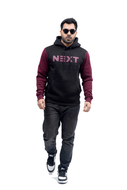 NEXT TURN Contrast Pullover Hoodie Rich Burgundy and Black