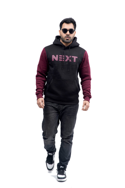 NEXT TURN Contrast Pullover Hoodie Rich Burgundy and Black