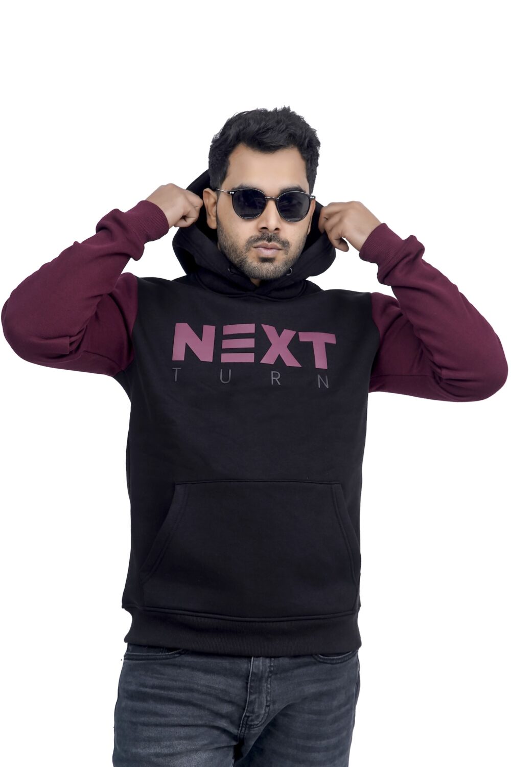 NEXT TURN Contrast Pullover Hoodie Rich Burgundy and Black - Image 2