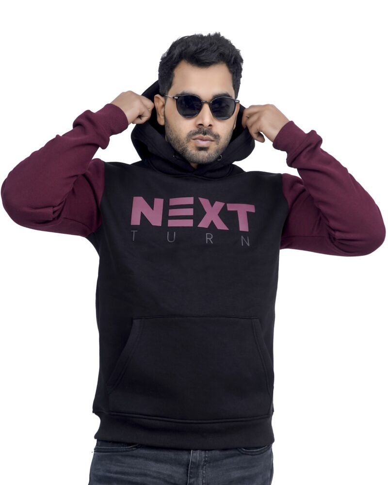 NEXT TURN Contrast Pullover Hoodie Rich Burgundy and Black - Image 2