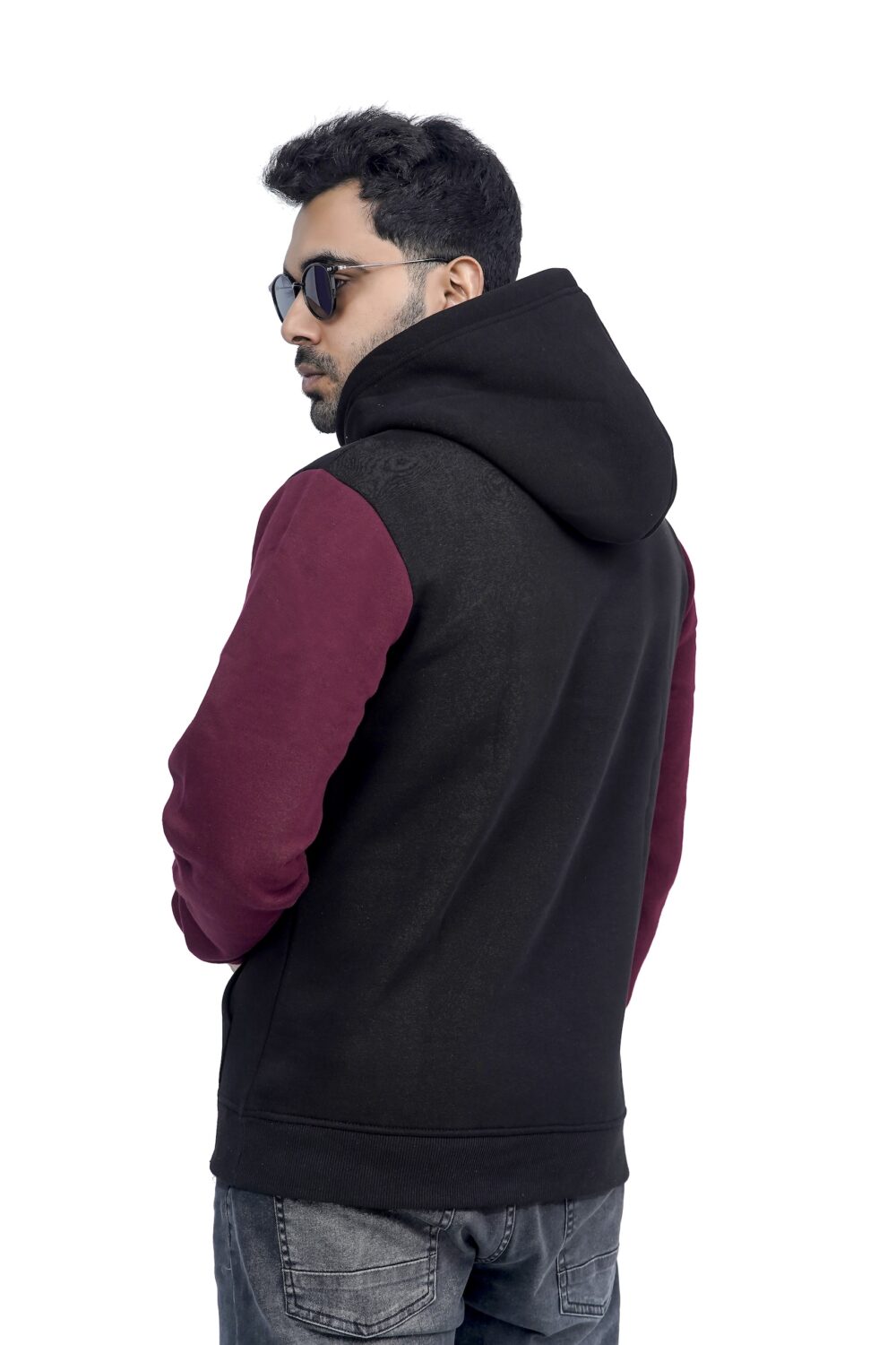 NEXT TURN Contrast Pullover Hoodie Rich Burgundy and Black - Image 3